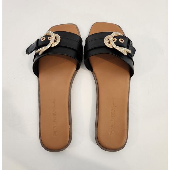 WILD DIVA LOUNGE Black Gold Faux Leather Crystal Embelished Buckle Womens 8.5 - Picture 7 of 12